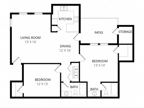 Floor plan for 2 beds, 2 baths, 995 sqft